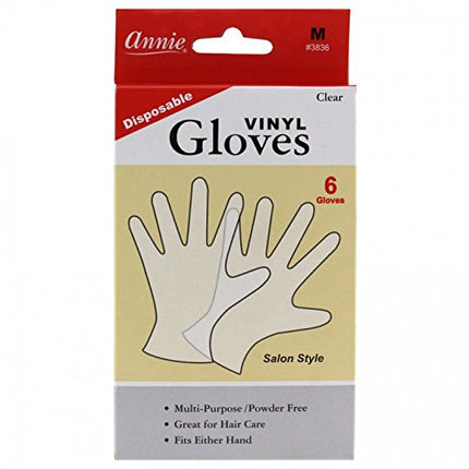 Annie Disposable Vinyl Gloves Powder Free 6 Count Clear Salon Style [#3836 Medium]