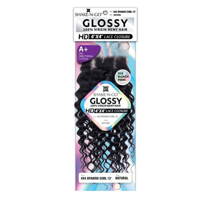 Shake N Go Virgin Remy Hair Lace Closure Glossy 4x4 Spanish Curl 12"